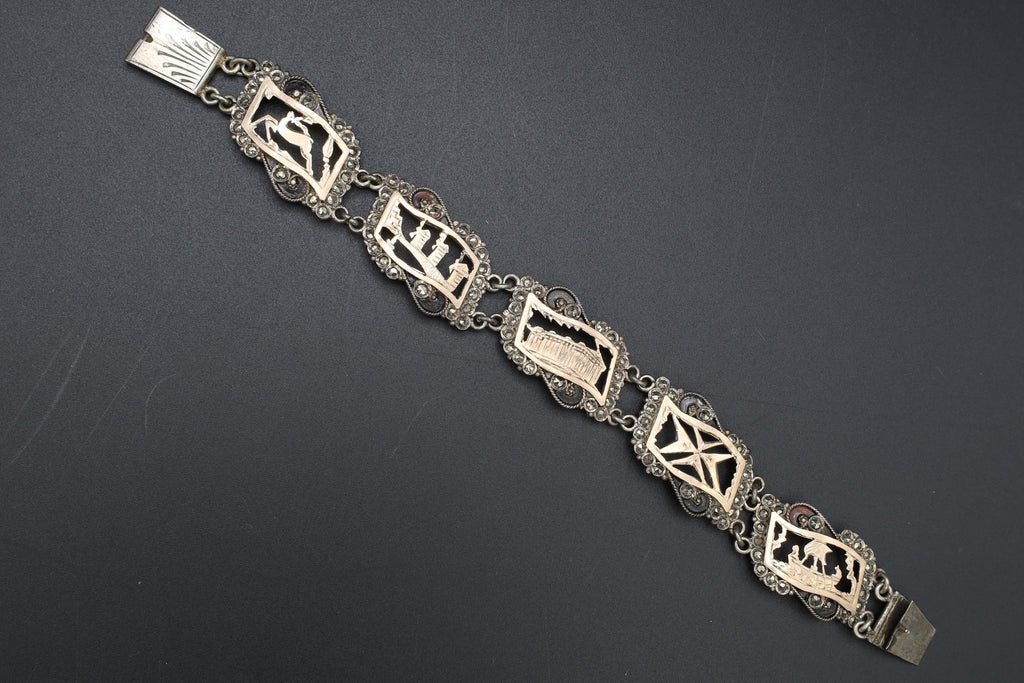 Art Deco Panel Bracelet, 900 Silver And Rose Gold. Greek Jewelry From The Mid Century, Landmarks Of Greece And Aegean Islands, Marcasite