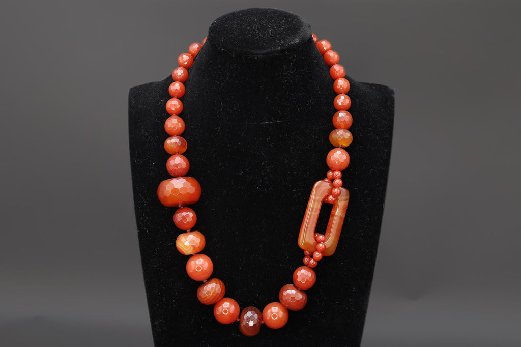 Carnelian Agate Beads, Faceted Gemstones In A Graduated Single String, Asymetric Accent, Retro 1990s Fashion Accessories, New Age Crystals