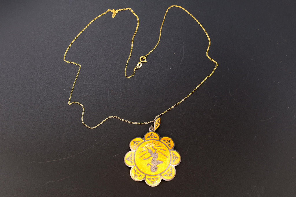 Vintage 1940s Pendant Necklace With Gold Niello And Sterling Silver, Dancing Buddhist Mekkala, Kingdom Of Siam, Asia Jewelry And Fashion