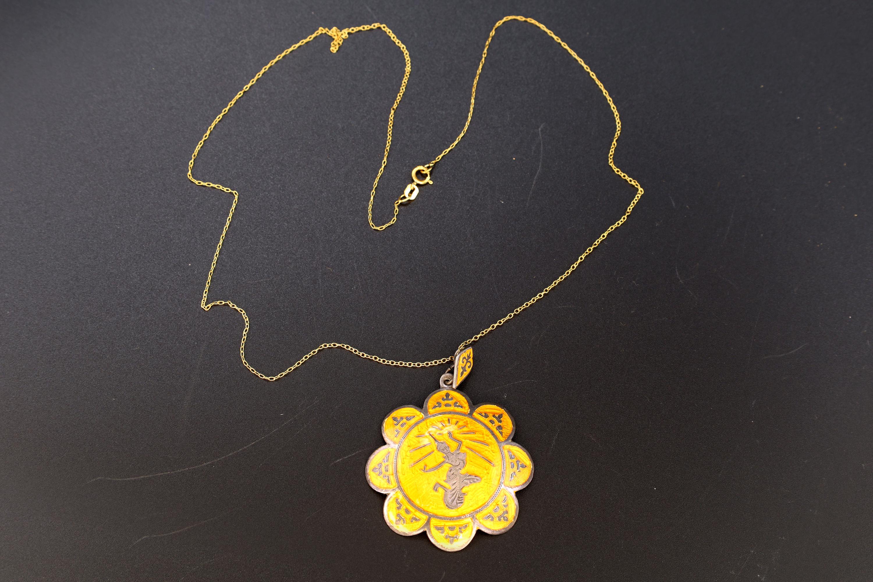 Vintage 1940s Pendant Necklace With Gold Niello And Sterling Silver, Dancing Buddhist Mekkala, Kingdom Of Siam, Asia Jewelry And Fashion