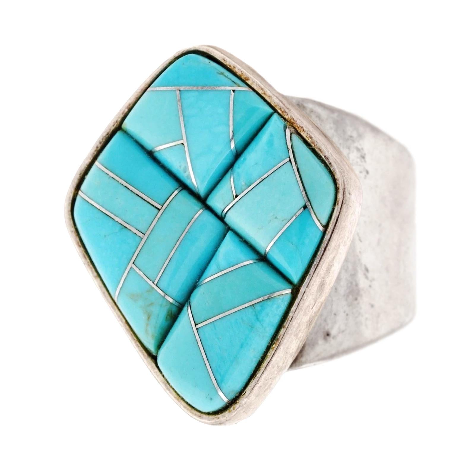 Blue Turquoise Mosaic And 925 Silver Statement Ring By Desert Rose, Design Of Jay King, Southwestern Americana Fashion Accessories, Cowgirl