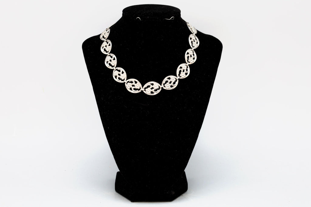 Panel Necklace With Flowers By Sterling WRE Richards, A Vintage 1950s American Jewelry, Oval Cut Out Links, Retro Fashion Accessories