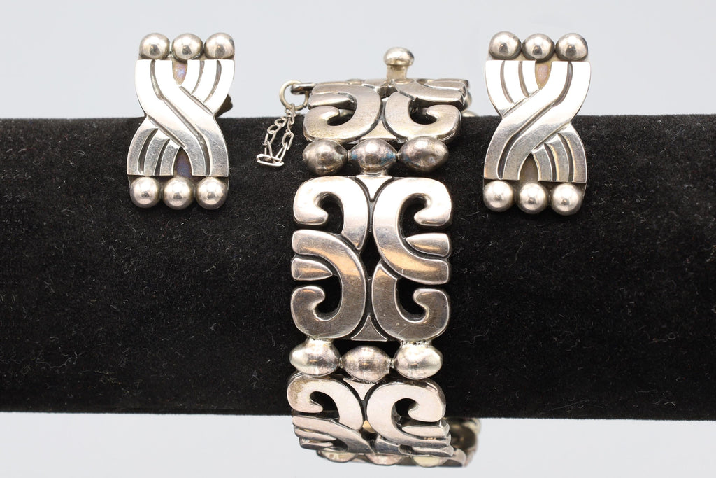 Vintage 1970s, Taxco Mexico Jewelry Group With Panel Link Bracelet And Clip-on Earrings, Art Deco Revival, Aztec Mayan Style, JLF And MWS