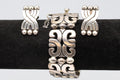 Vintage 1970s, Taxco Mexico Jewelry Group With Panel Link Bracelet And Clip-on Earrings, Art Deco Revival, Aztec Mayan Style, JLF And MWS