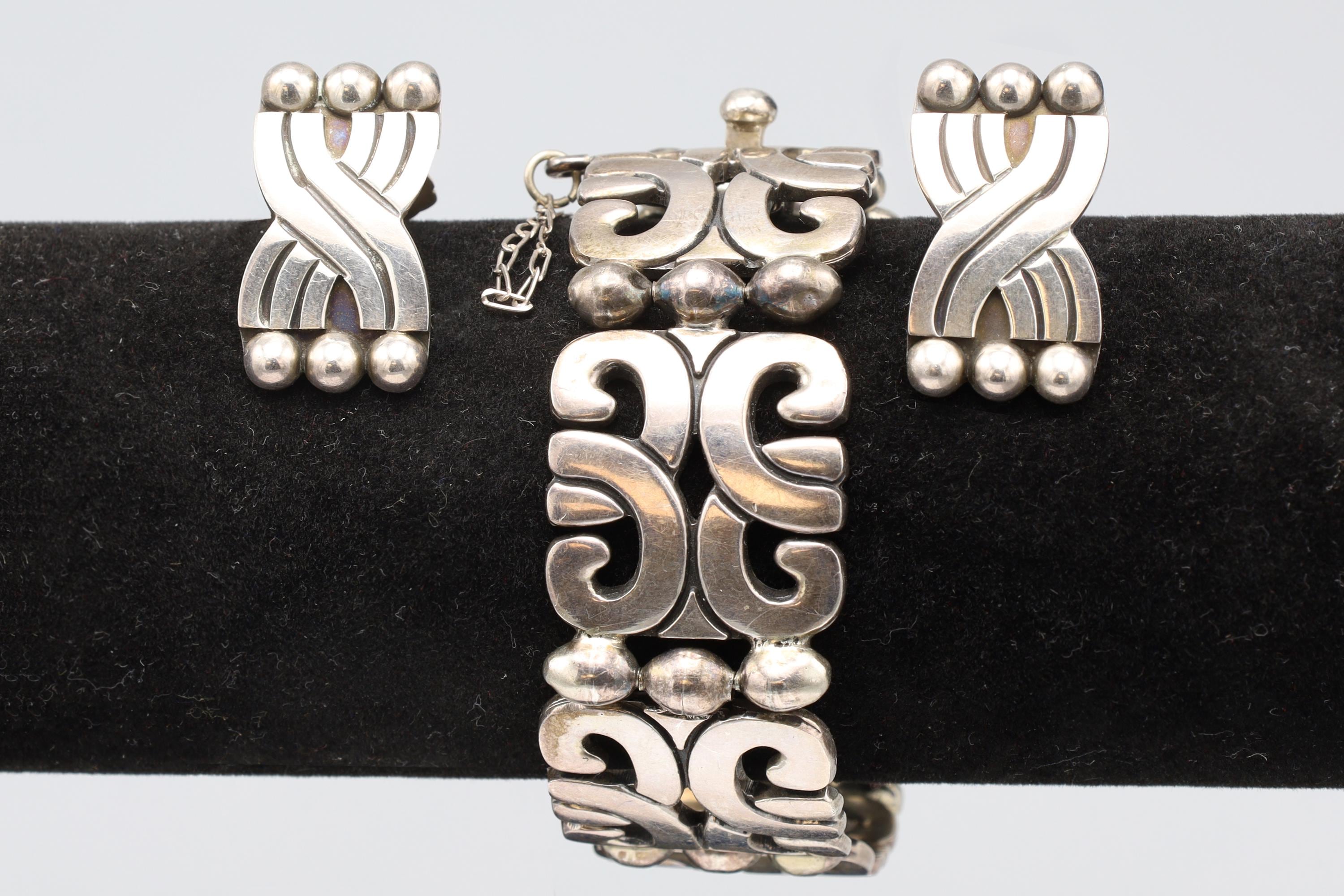 Vintage 1970s, Taxco Mexico Jewelry Group With Panel Link Bracelet And Clip-on Earrings, Art Deco Revival, Aztec Mayan Style, JLF And MWS