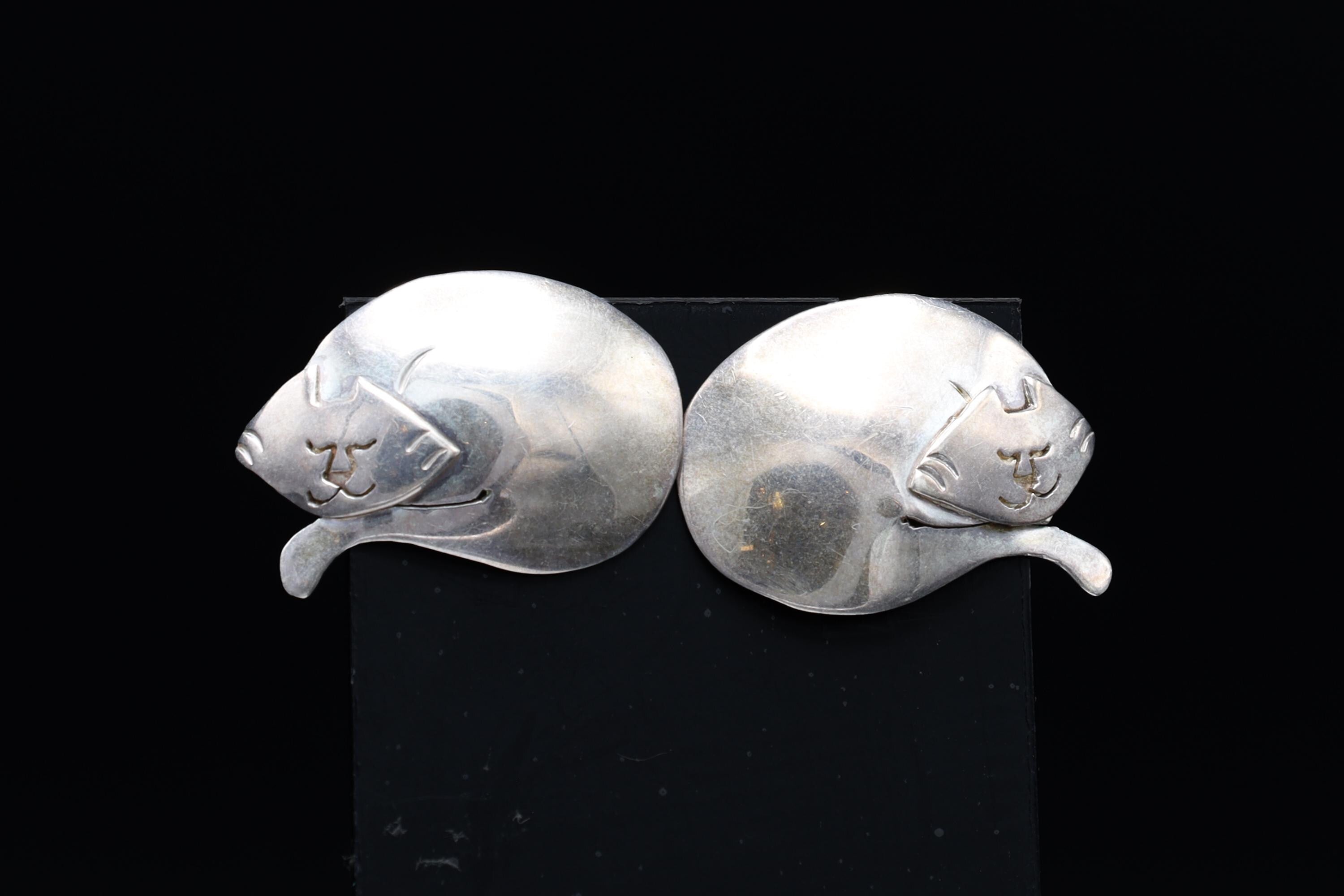Vintage 1980s Sleeping Cats Stud Earrings, PKL 925 Sterling Silver Hallmark, American Large Studs, Womens Jewelry, Kitten Animal Figural Art