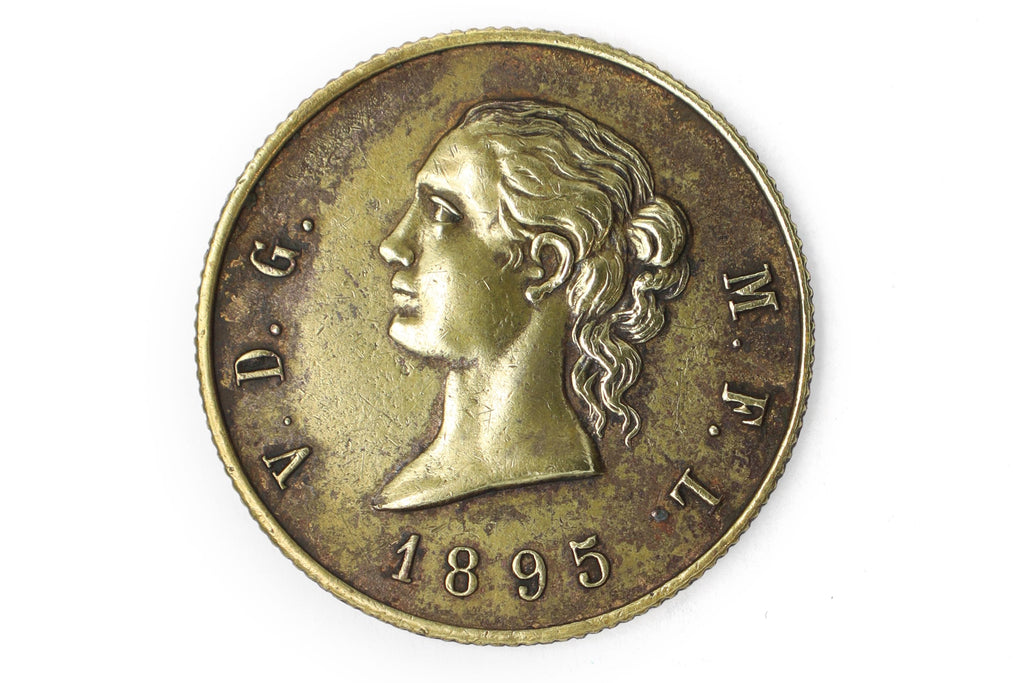 Antique Gay Maverick Val, Victorian Period Tokens Made Out Solid Brass Bronze Metal. Circulated Coin Exonumia, M. F. L. 1895 V. D. G.