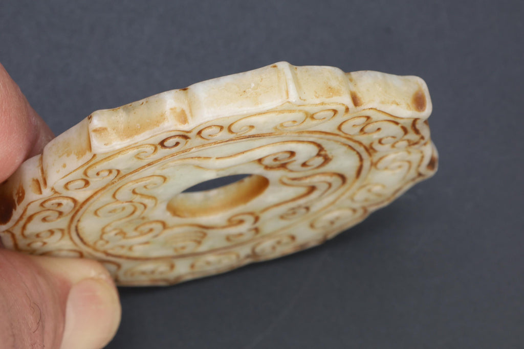 Chinese Round Amulet, Carved Stone Chilong Bi Disc Mythological Animals, Two Sided Round Pendant, Feng Shui, Oriental Asian Accessories