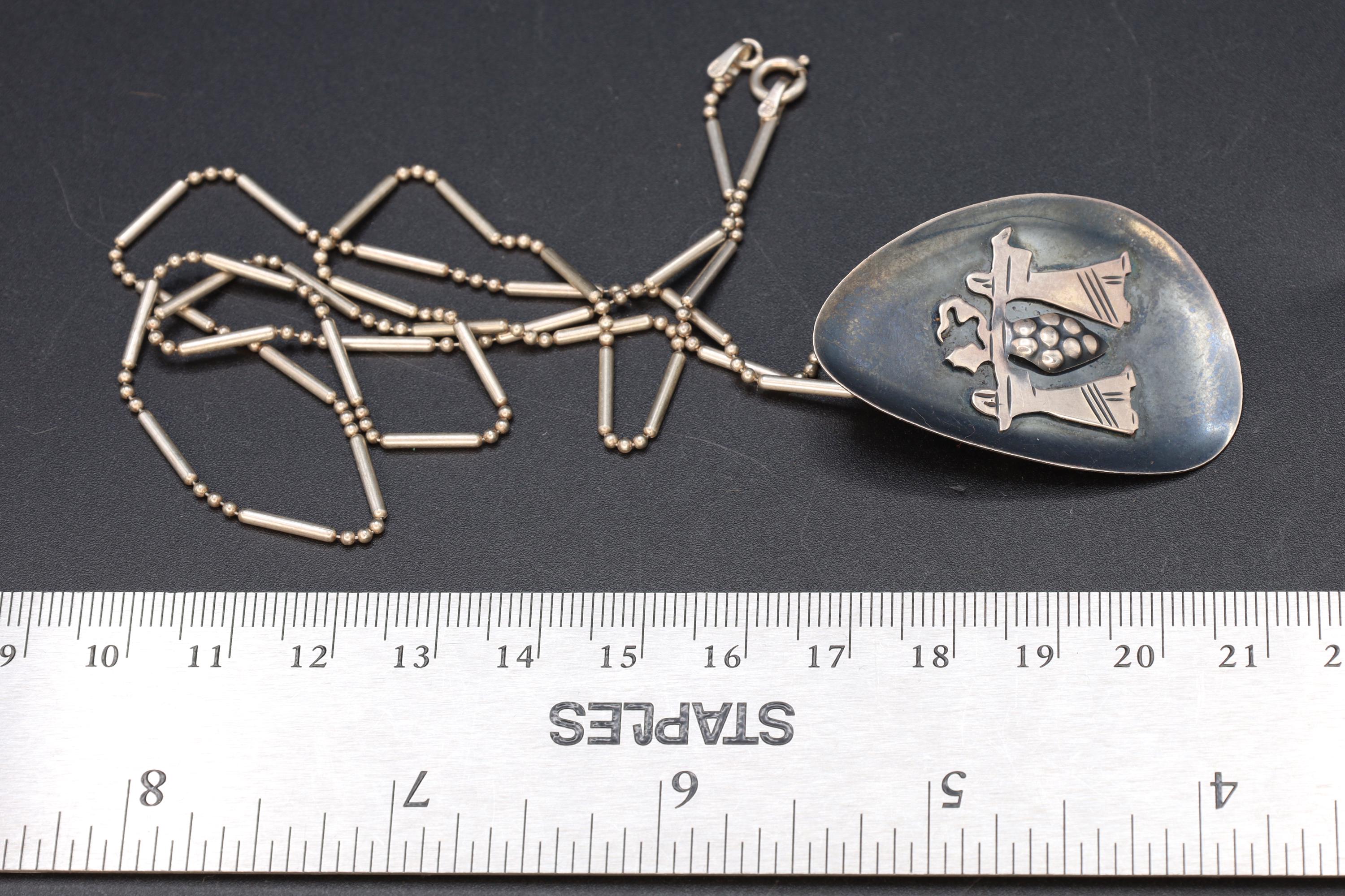 Joshua And Caleb Carrying Giant Grapes, Numbers 13, Judaica Modernist Pendant Necklace, Israel 925 Sterling Silver Ball Bar Chain
