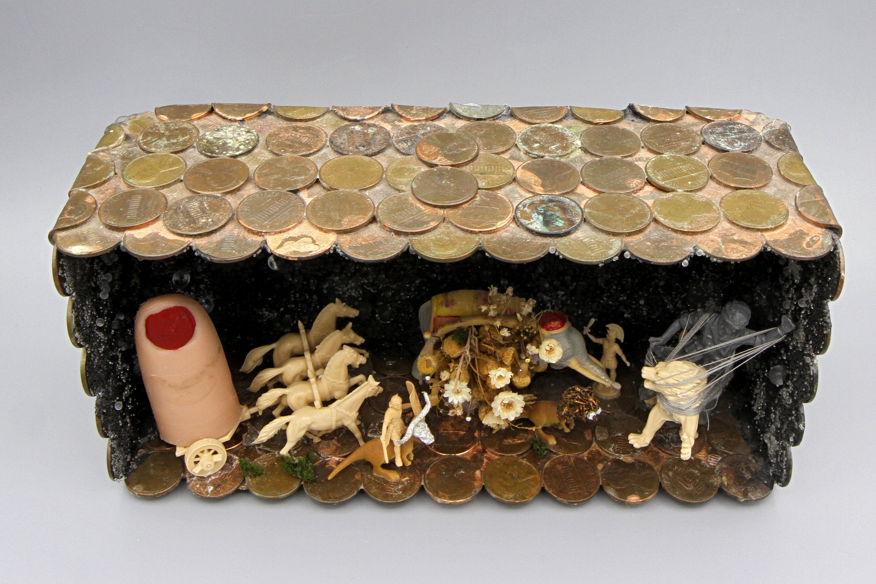 Triumphal Procession With Emperor Carriage, Roman Quadriga Chariot, Diorama Theatre Art, Handmade Penny Coins Box Sculpture, Exotic Animals