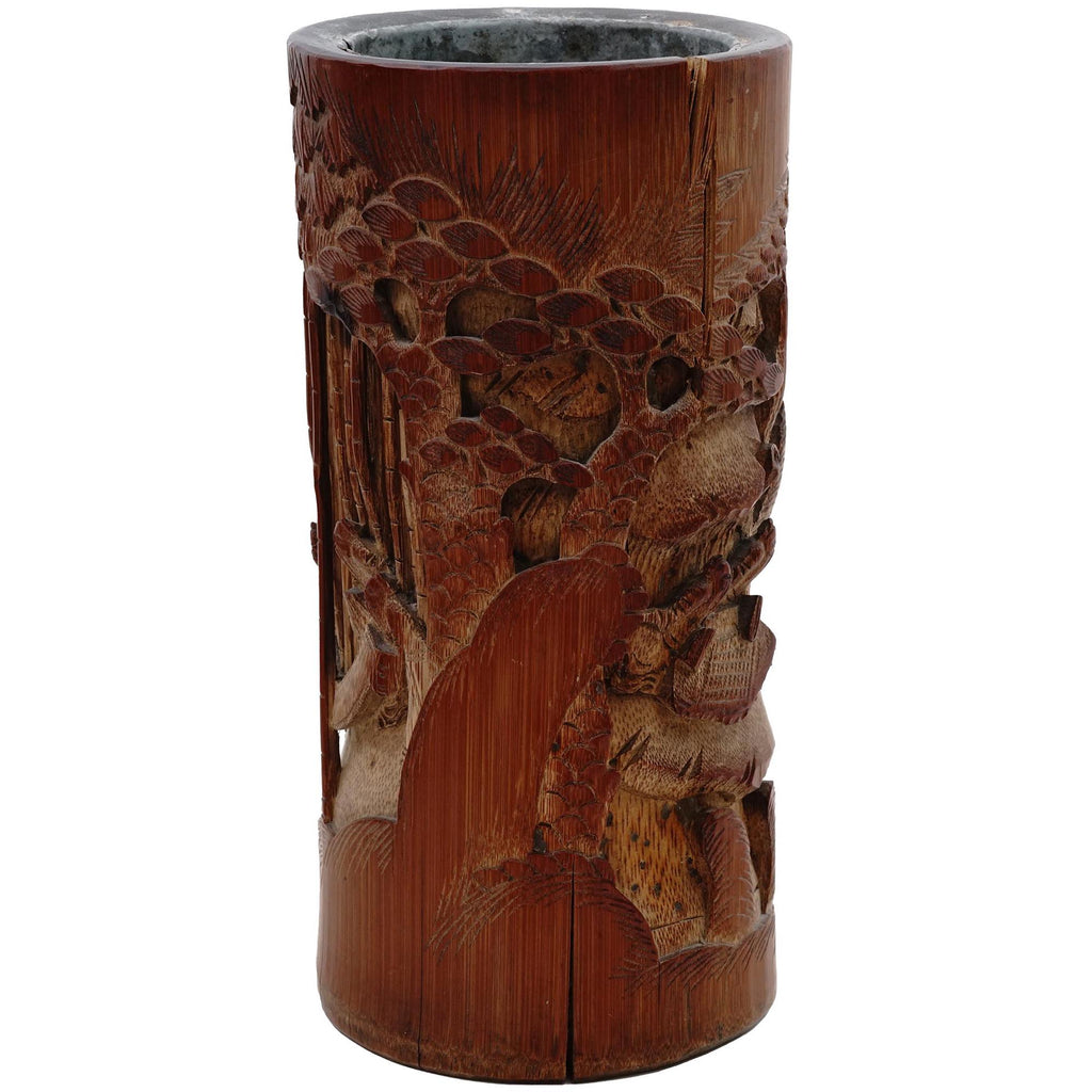 Antique 19th Century Brush Pot, A Vase Crafted From Bamboo Wood And Metal Insert, Chinese Qing Dynasty, Asian Oriental Decoration And Art