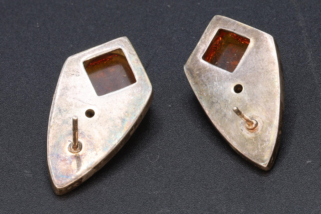 Large Stud Earrings, Gilt 925 Sterling Silver And Amber Resin Cabochon, Brutalist Design With Textured Surface, Retro Fashion Accessories