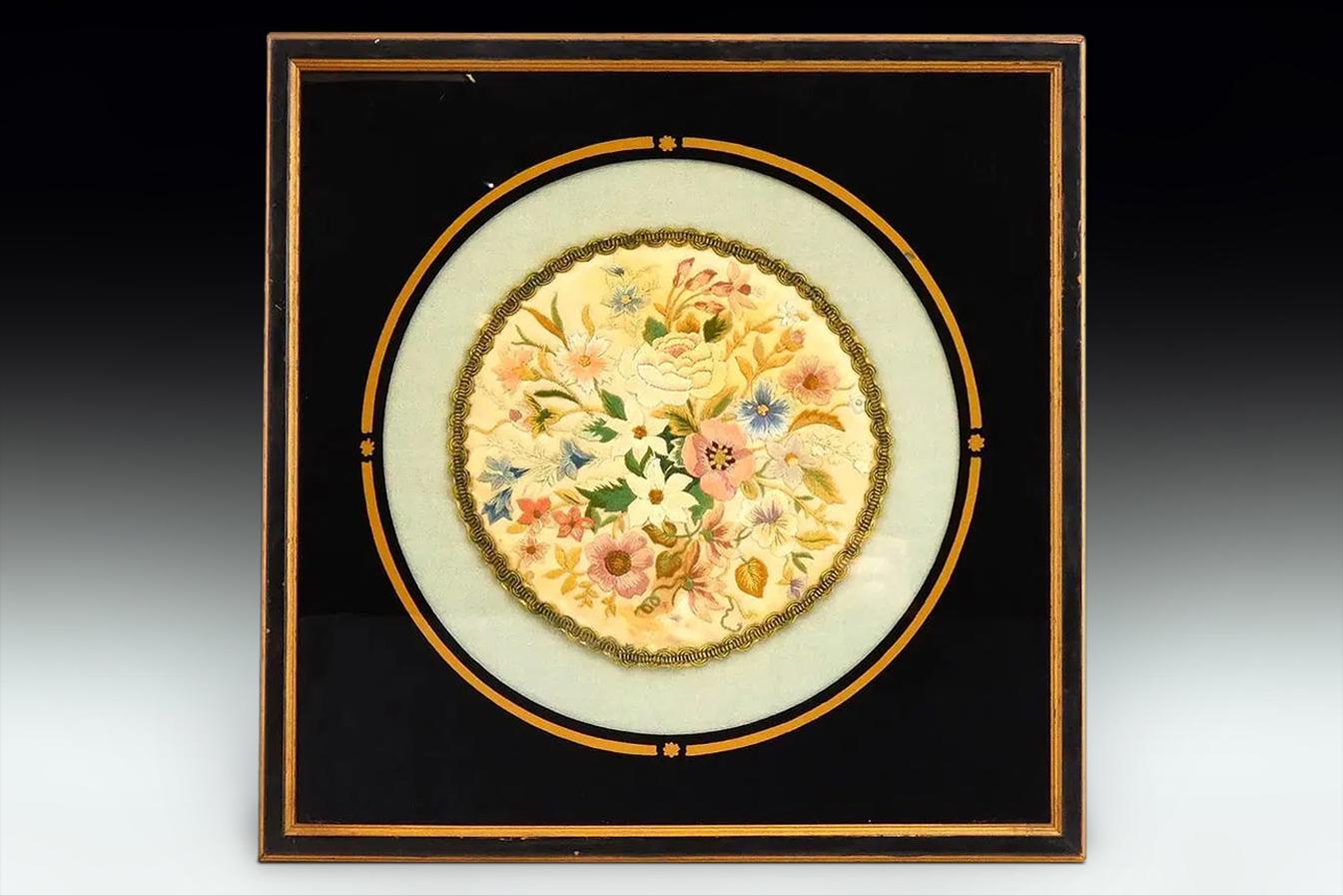 Antique 19th Century Europe Belgium Embroidery Art, Framed A Round Shaped Still Life With Blossoming Flowers, Victorian Home Decor
