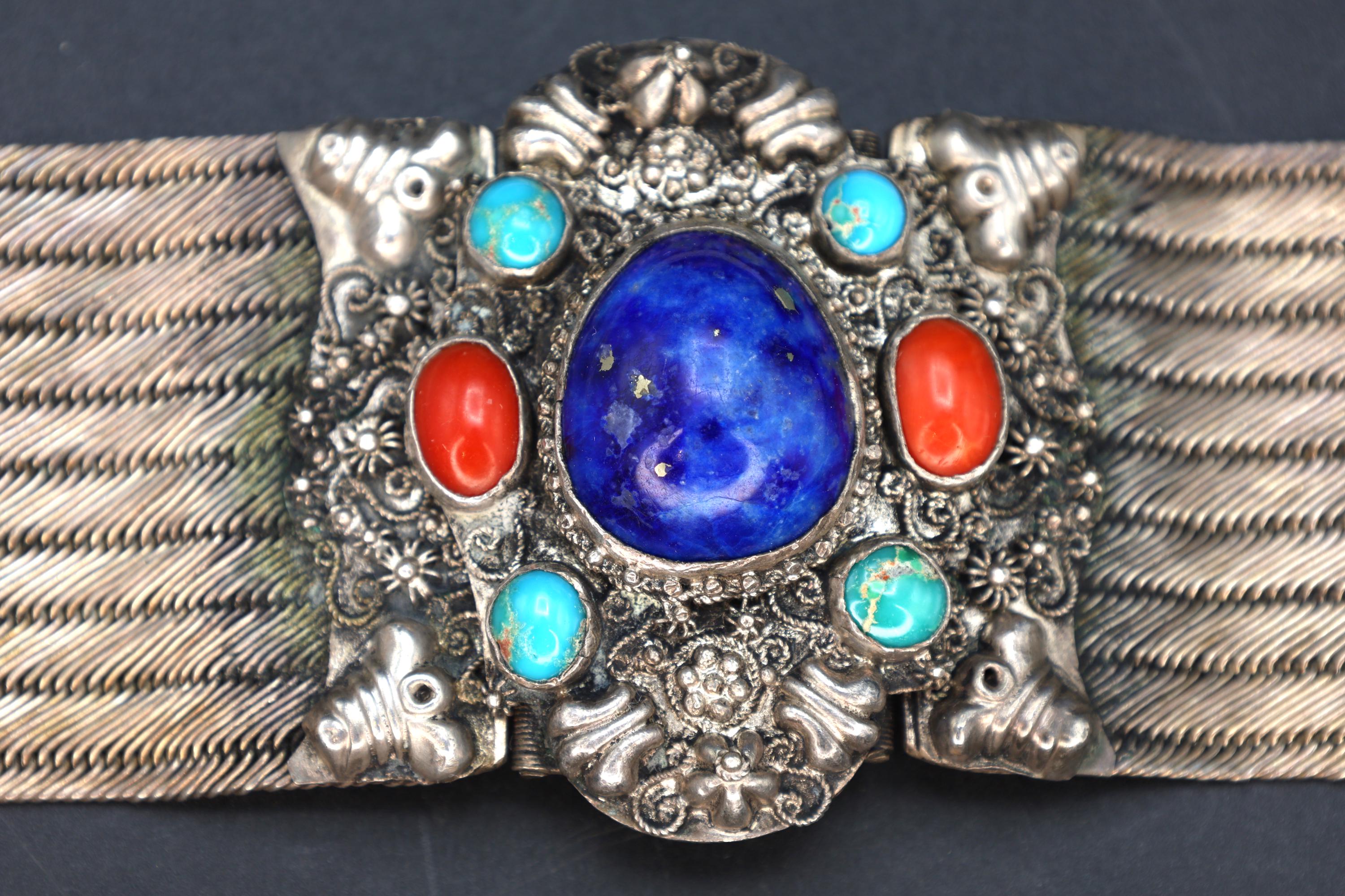 Vintage 1980s Southwestern Americana Jewelry, Wide Sterling Mesh And Gemstones Bracelet