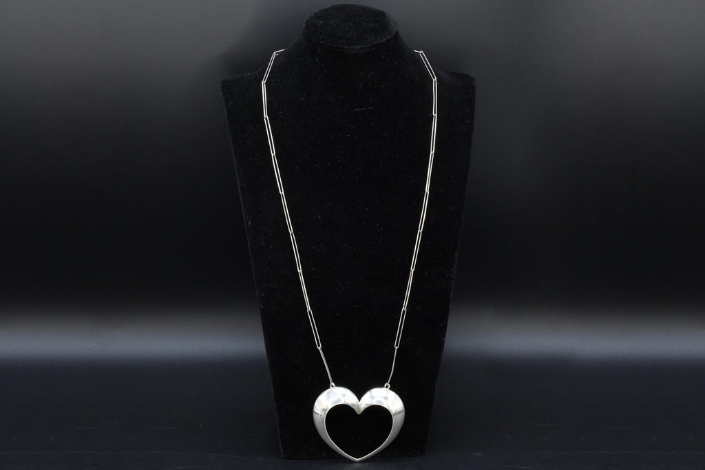 Bernhard Hertz Jewelry, Vintage Mid Century Modernist HEART Pendant Necklace With Handmade Slim Clip Chain, 925 Sterling Silver, Denmark