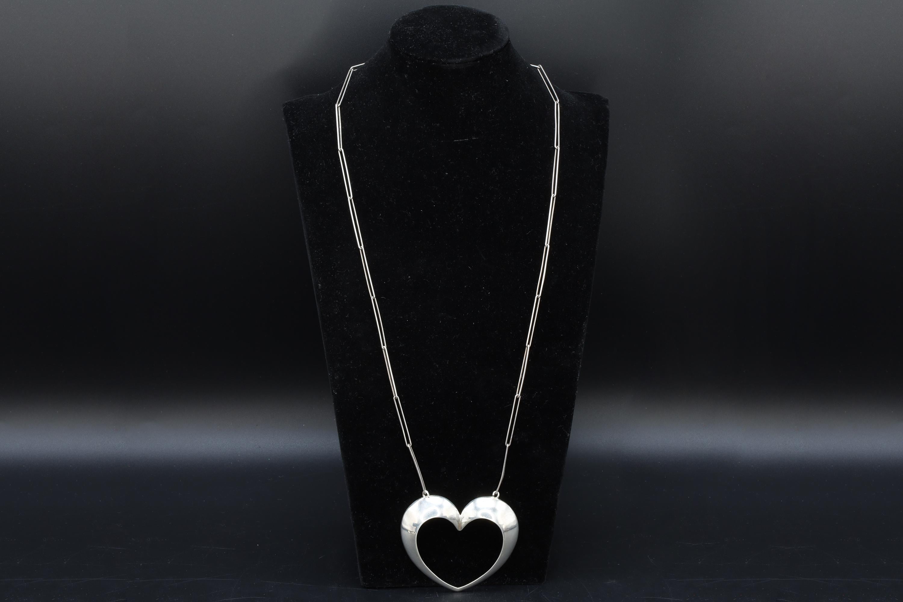 Bernhard Hertz Jewelry, Vintage Mid Century Modernist HEART Pendant Necklace With Handmade Slim Clip Chain, 925 Sterling Silver, Denmark