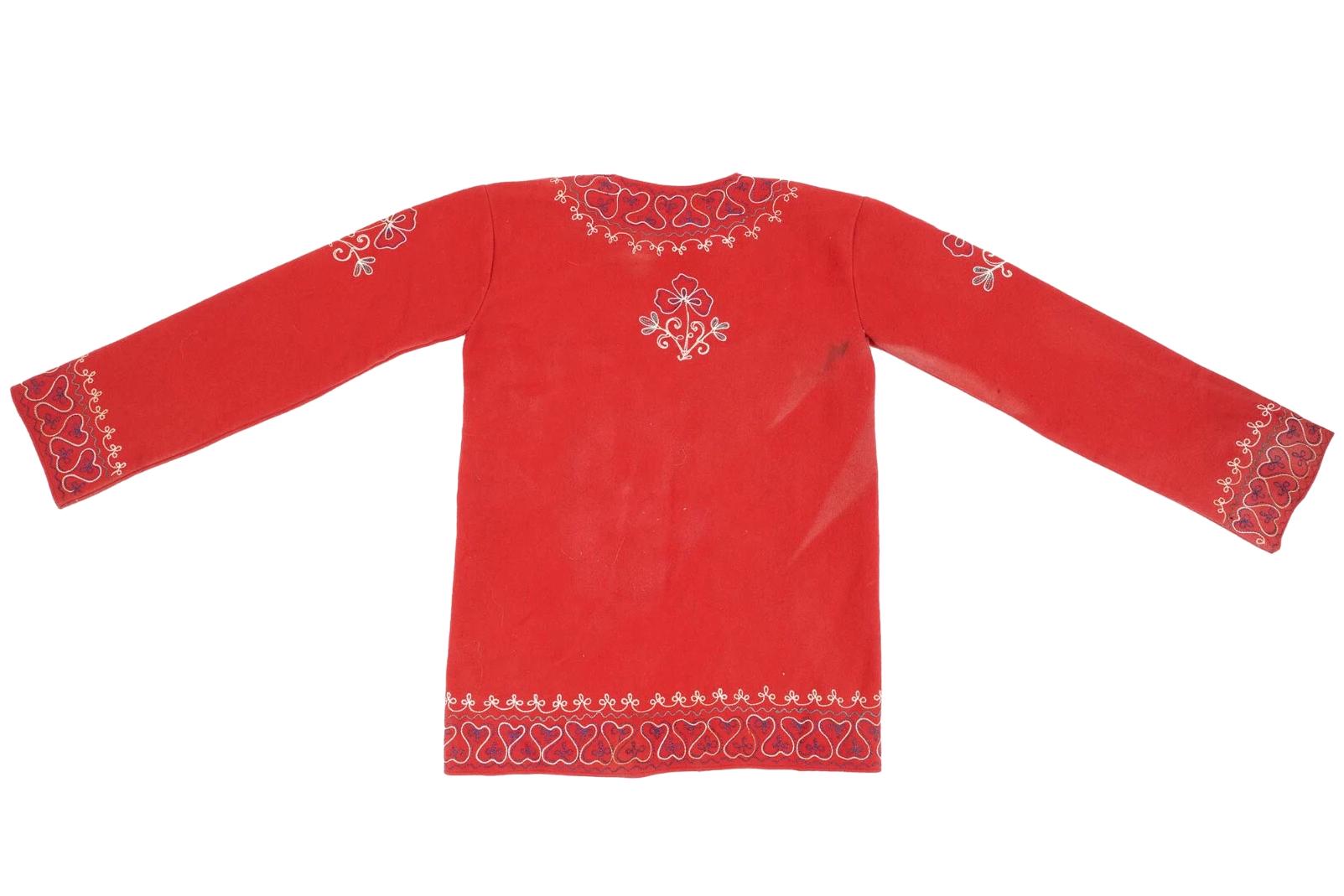 Traditional Central Asia Jacket, Red And Embroidered Floral Details, Baluchi Or Kerman, Early 20th Century Ethnic Clothes