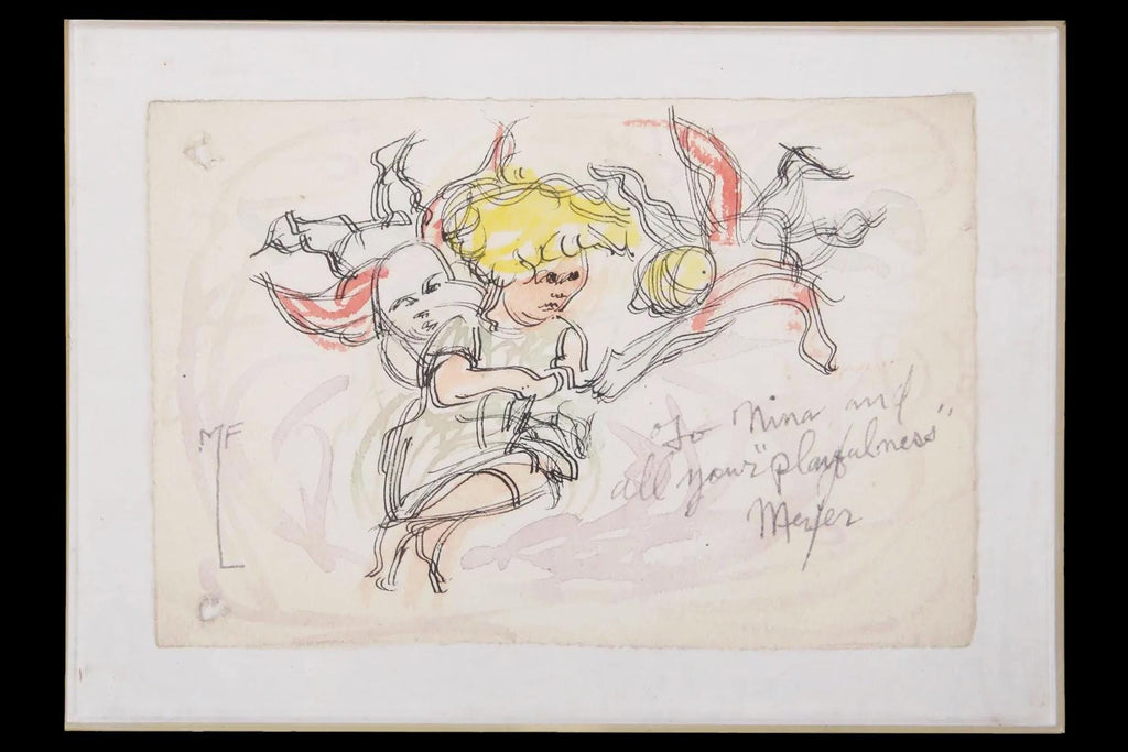 Meyer Frank Lieberman Mixed Media Ink And Watercolor Drawing Painting On Paper, Children And Angels, Hand Signed Contemporary Judaica Art