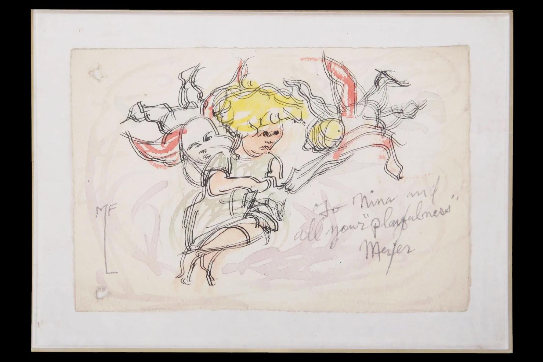 Meyer Frank Lieberman Mixed Media Ink And Watercolor Drawing Painting On Paper, Children And Angels, Hand Signed Contemporary Judaica Art