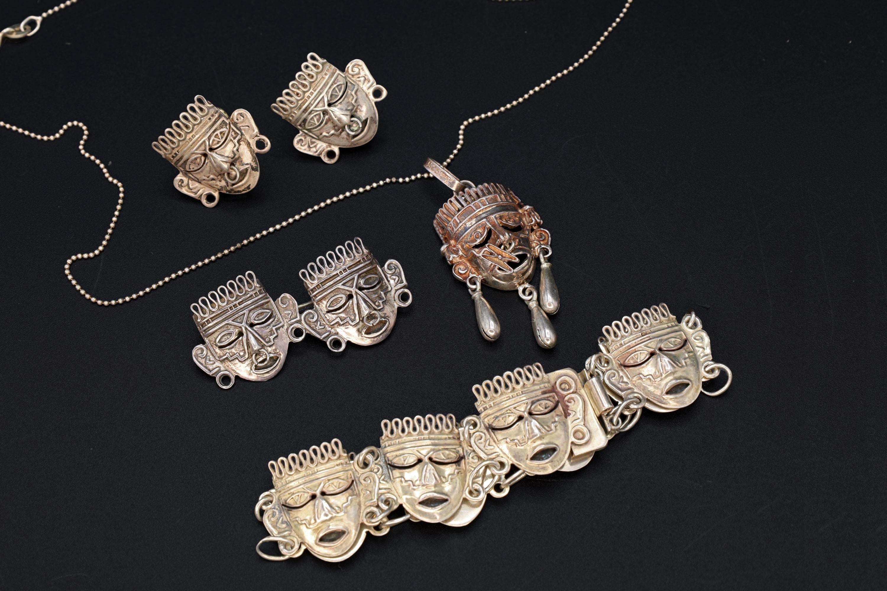 Taxco Mexico Jewelry Set, Pendant Necklace, Brooch, Bracelet, Earrings, Warrior Aztec Mask In Art Deco Style, Vintage 1940s Sterling Silver