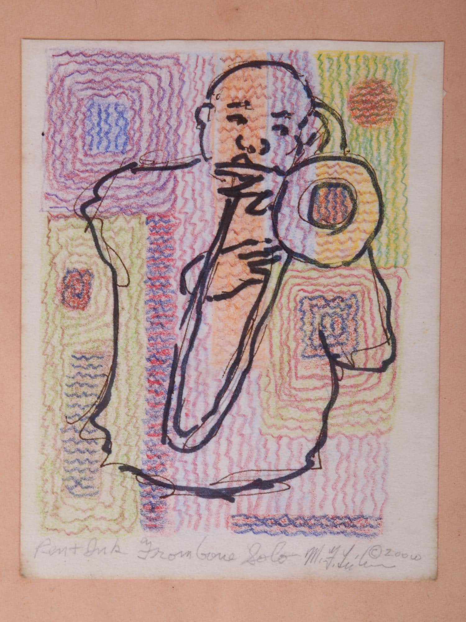 Meyer Frank Lieberman Mixed Media Ink And Watercolor Drawing Painting On Paper, Jazz Musician, Hand Signed Contemporary Judaica Art