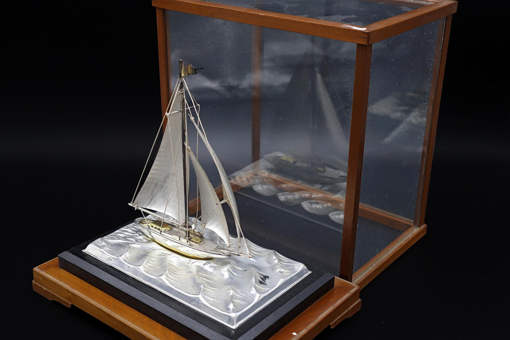 Handmade And Finely Detailed Silver Electroplated Model Of A Sailing Ship, Sports Boat Sculpture By Japanese Silversmith Seki Takehiko