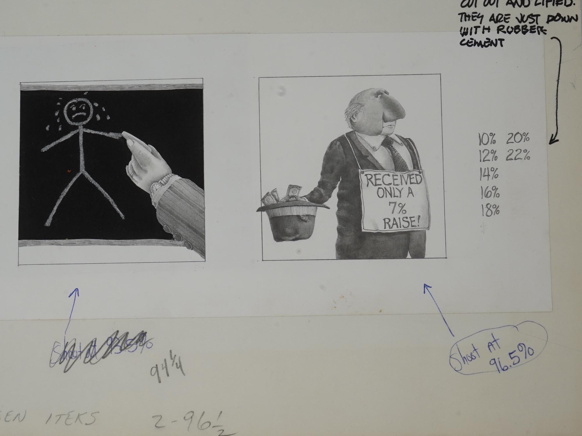 J Michael McGinn, Art Pencil Drawings 1970s, USA Political Caricature, Fortune Magazine, Sheldon Cotler for the Keeping Up, Small Vignettes
