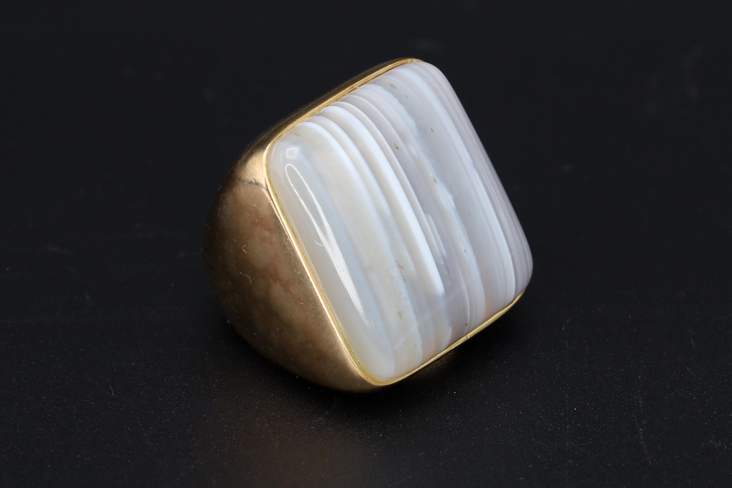 Banded Agate, Sterling Silver And Gold Wash Ring Size 6 USA Charts, Bold Statement Ring With Hallmarks, Lace Agate In Square Shape, Jewelry
