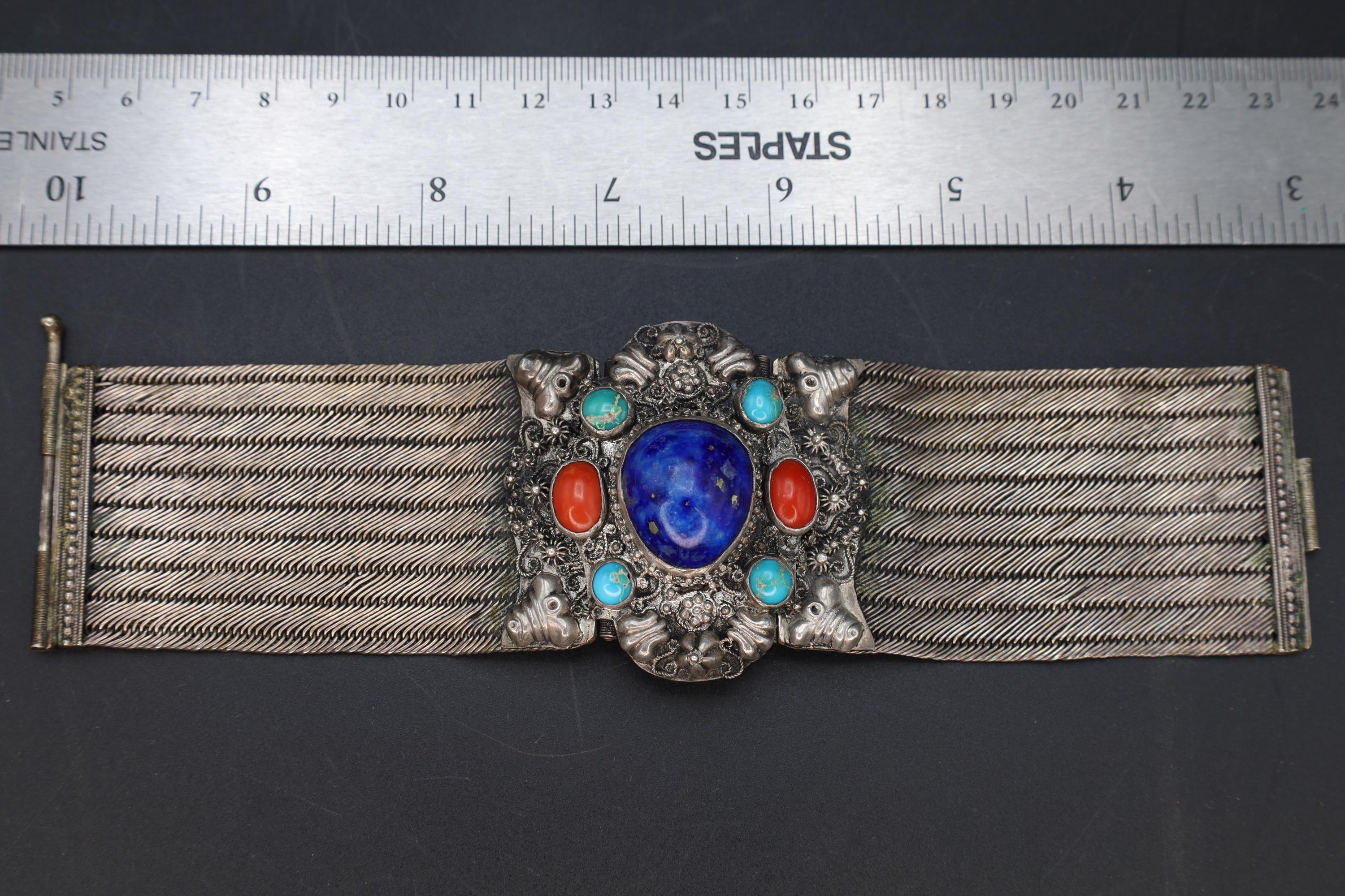 Vintage 1980s Southwestern Americana Jewelry, Wide Sterling Mesh And Gemstones Bracelet