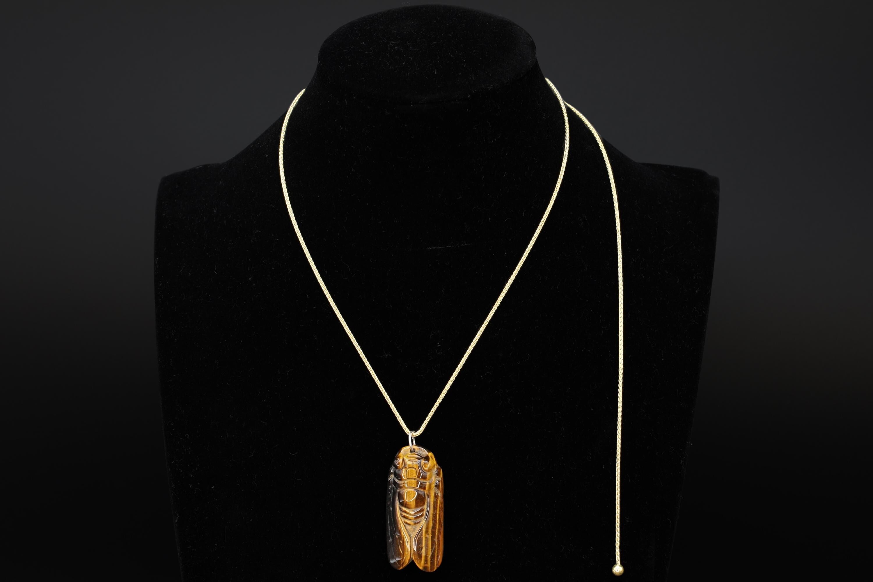 Cicada Pendant Necklace, A Carved Tigers Eye Gemstone With A Gold Vermeil Lariat Chain, Asian Oriental Jewelry, Immortality, Rebirth Symbols