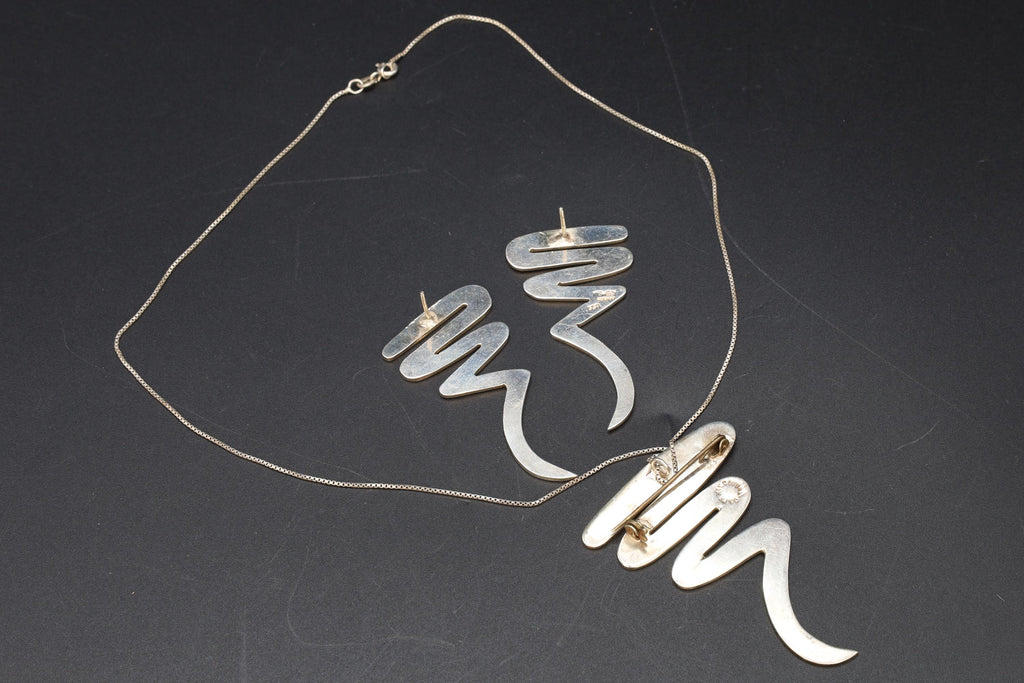 Scribble Or Zig Zag, Taxco Mexico Jewelry Set, Pendant Necklace, Brooch, Matching Earrings, Modernist Jewelry Designs, 925 Sterling Silver