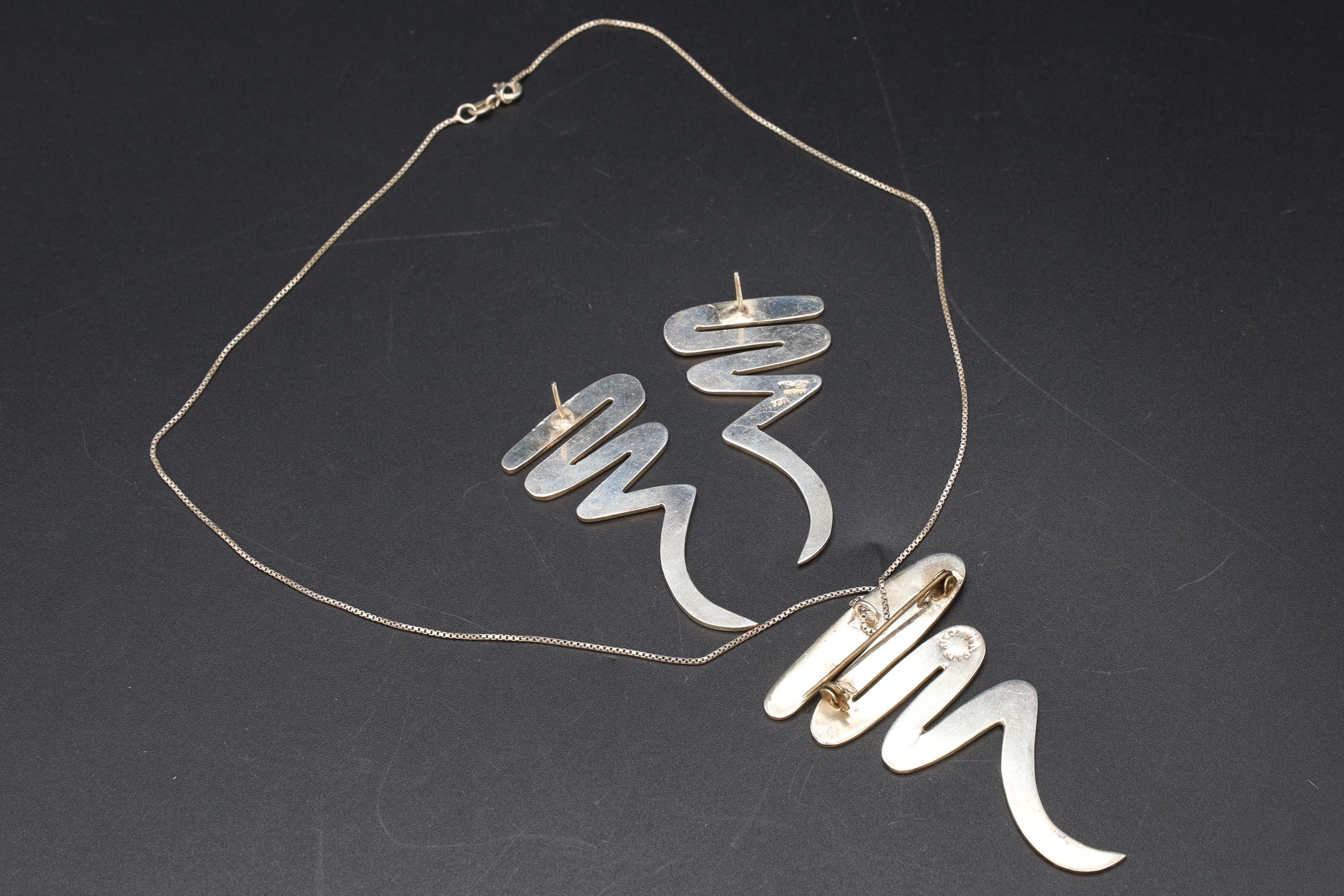 Scribble Or Zig Zag, Taxco Mexico Jewelry Set, Pendant Necklace, Brooch, Matching Earrings, Modernist Jewelry Designs, 925 Sterling Silver