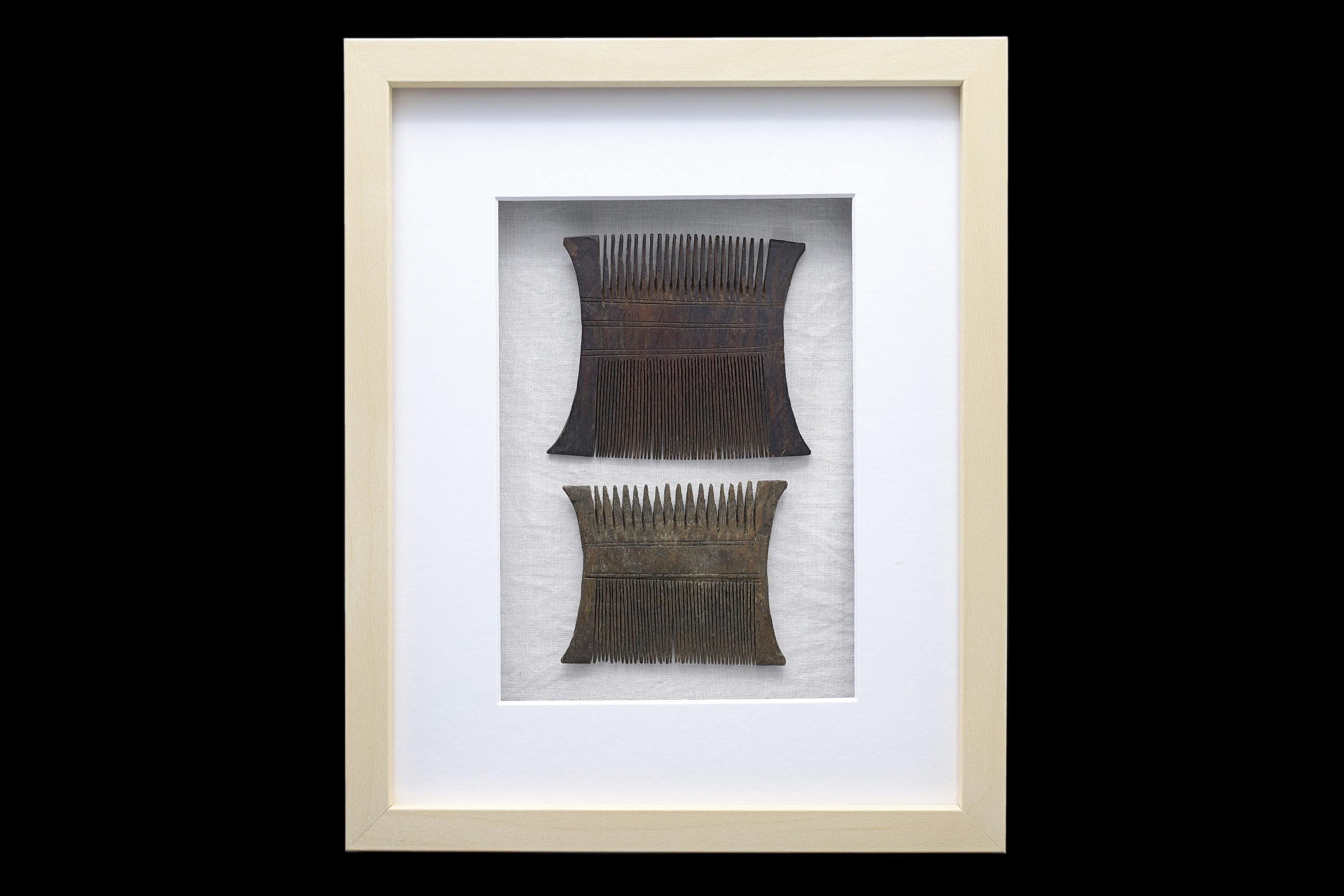 Colonial India, Circa 1920s Hand Carved Wood Combs From Rajasthan Gipsy Tribesmen, Kalbelia, Framed And Read To Hand On Wall, Bathroom Decor