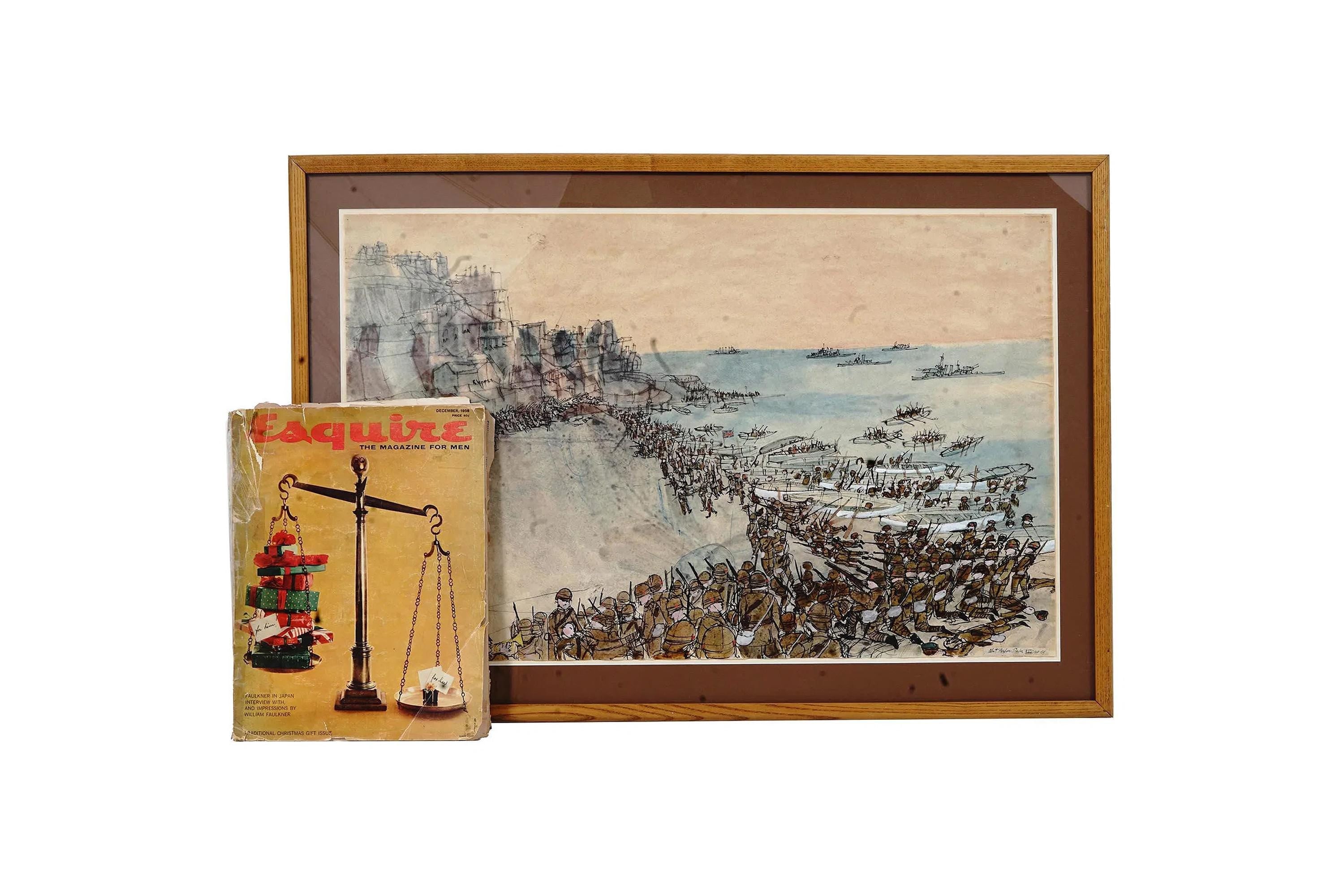 Watercolor And Ink On Paper Painting By Robert Andrew Parker, Battle Of The Bulgarian And British Armies On A Seashore Landscape