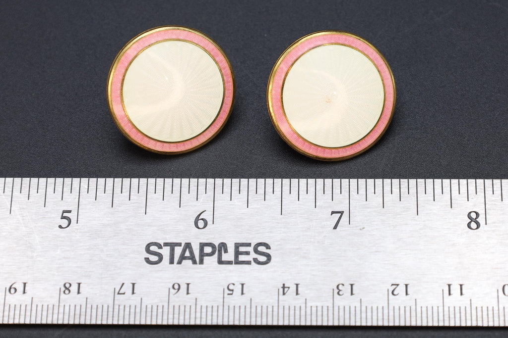Large Scandinavian Stud Earrings, Ole Petter Rasch Olsen Jewelry Signed OPRO, Sterling Silver And Guilloche Enamel, Modernist Design 1970s