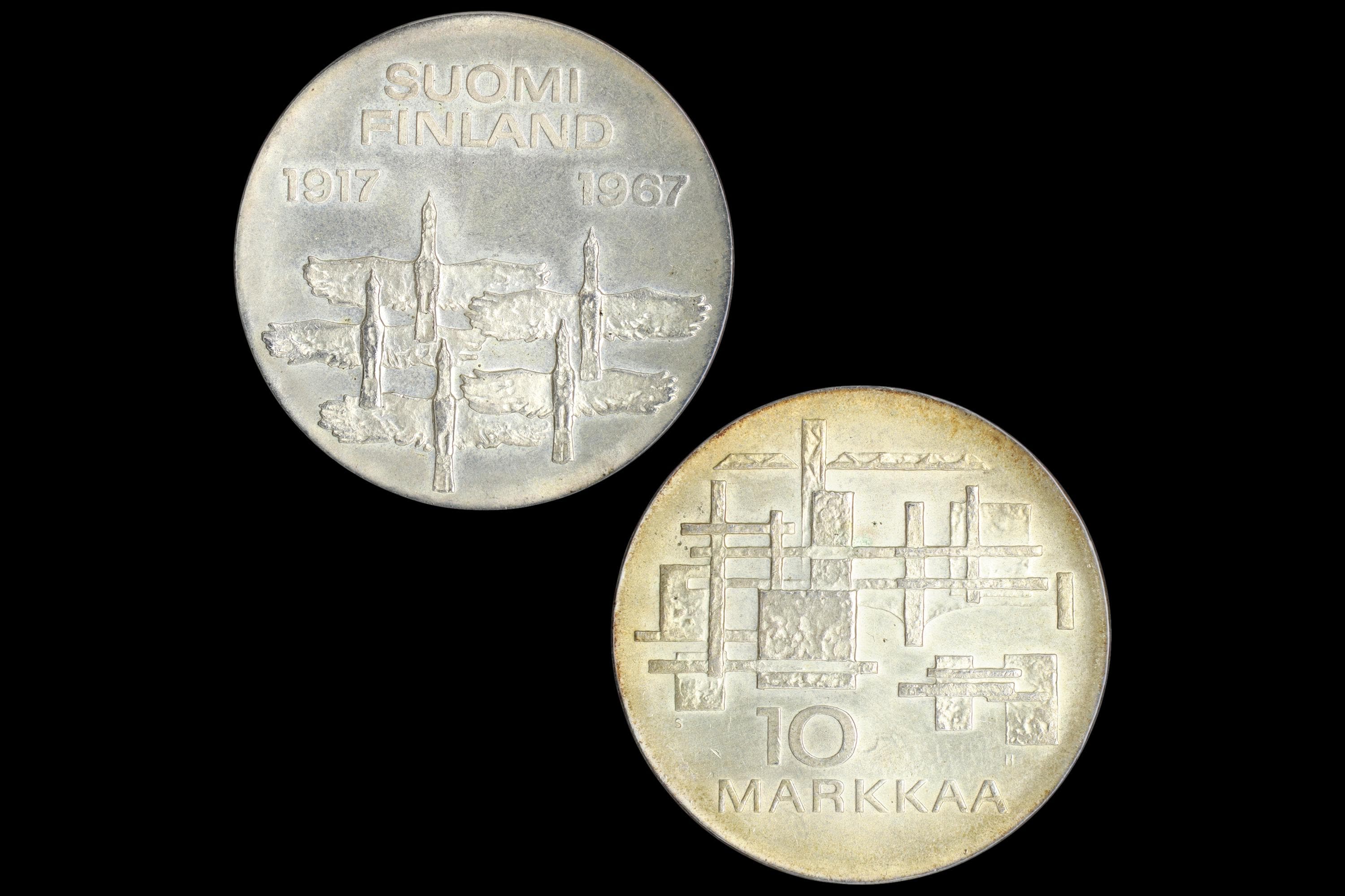 Republic Of Finland, New Makkaa Currency, Non Circulating Coinage, Value 10 Markkaa Or 10 FIM, 900 Silver Grade, Medal Alignment, Date 1967