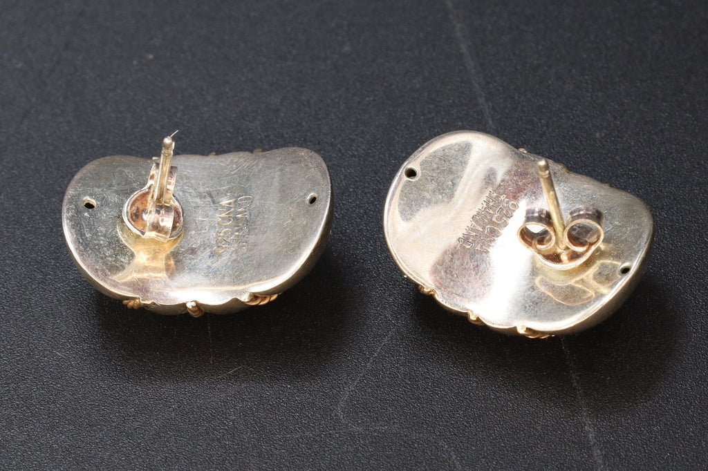 Brutalist Stud Earrings With An Oval Concave Design And Gilt Twisted Rope Accents, Retro 1990s Fashion Accessories, Womens Jewelry