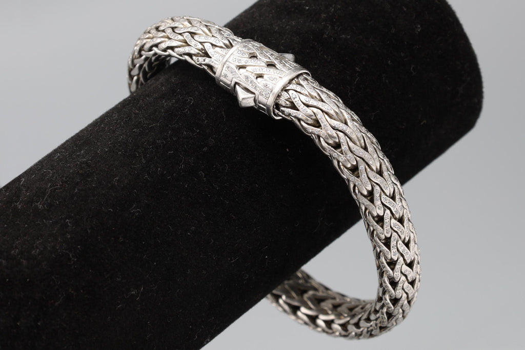 Extra Long, XL Braided Chain Bracelet For Men, 925 Sterling Silver And Pave Clear Diamonds, Vintage Jewelry Tested