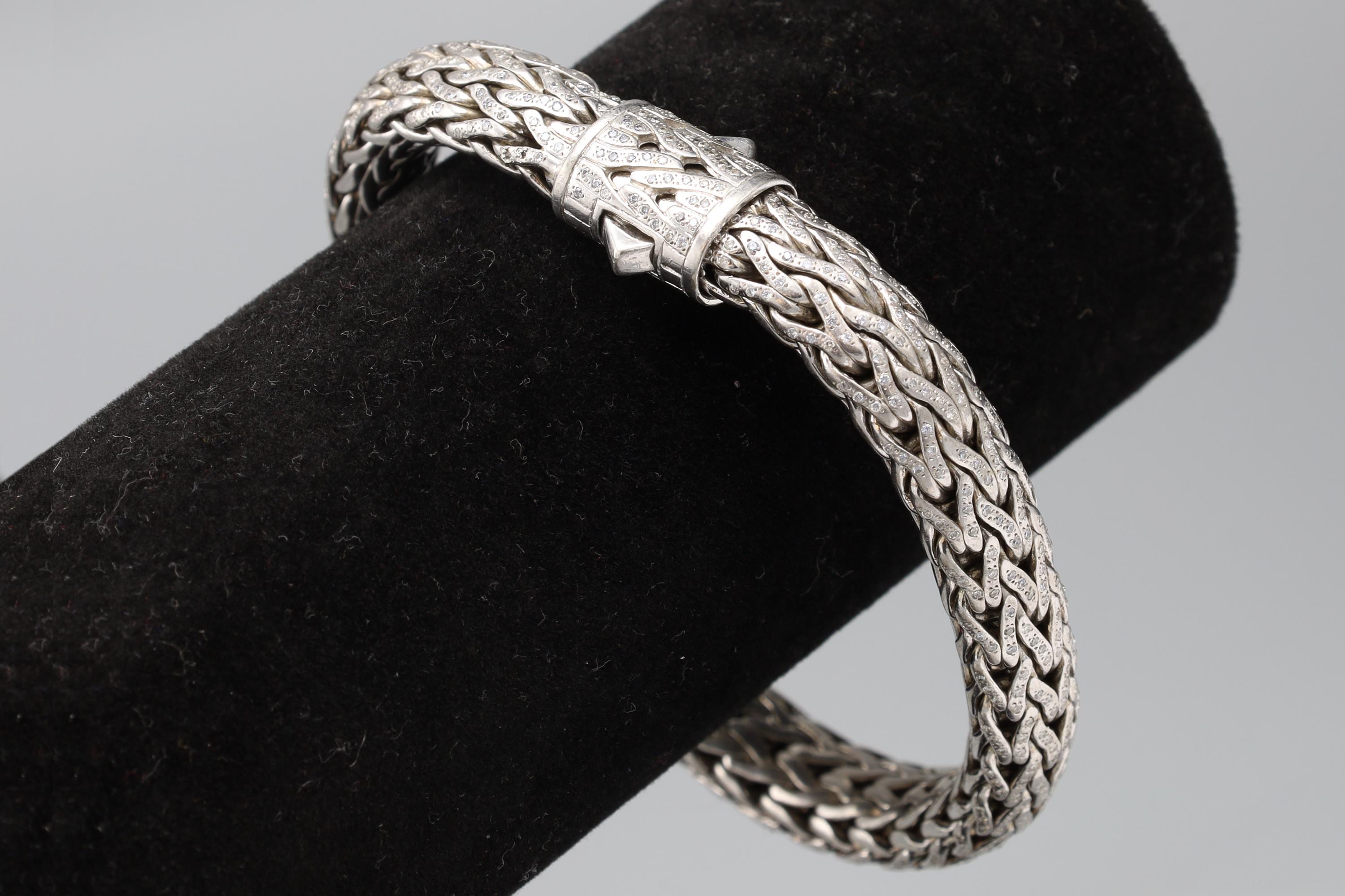 Extra Long, XL Braided Chain Bracelet For Men, 925 Sterling Silver And Pave Clear Diamonds, Vintage Jewelry Tested