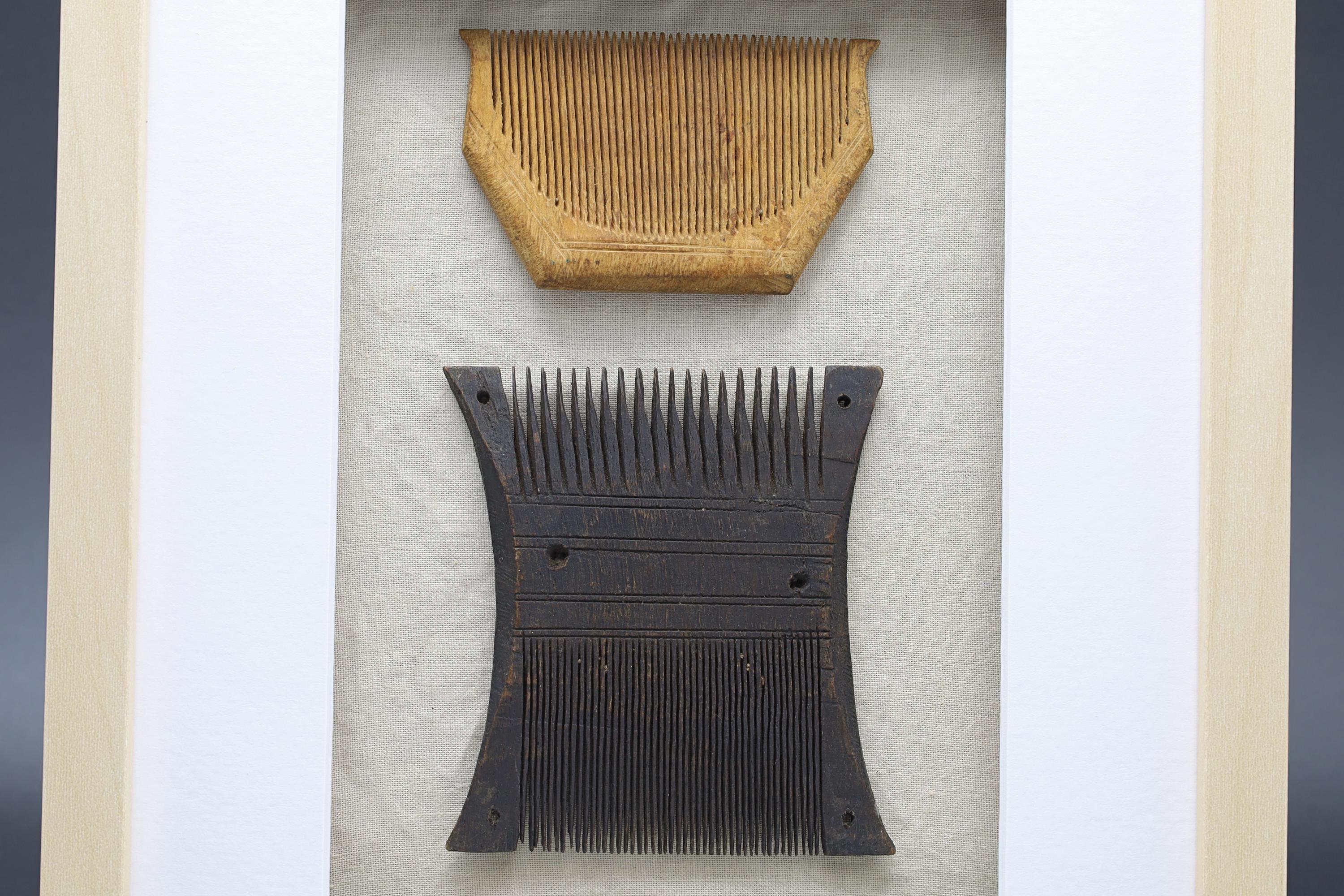 Colonial India, Circa 1920s Hand Carved Wood Combs From Rajasthan Gipsy Tribesmen, Kalbelia, Framed And Read To Hand On Wall, Bathroom Decor