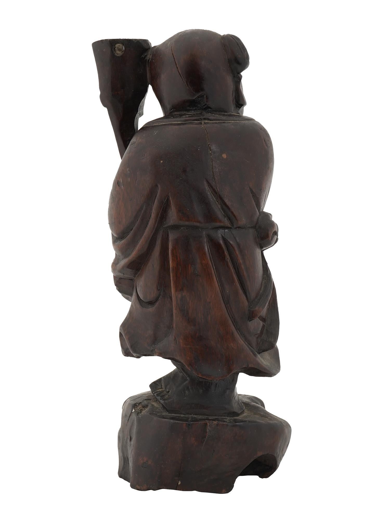 Vintage 1930s Japanese Wood Carved Statuette Of A Young Budai With Lotus Flower. Inlaid Eyes, Oriental Folk Arts And Crafts