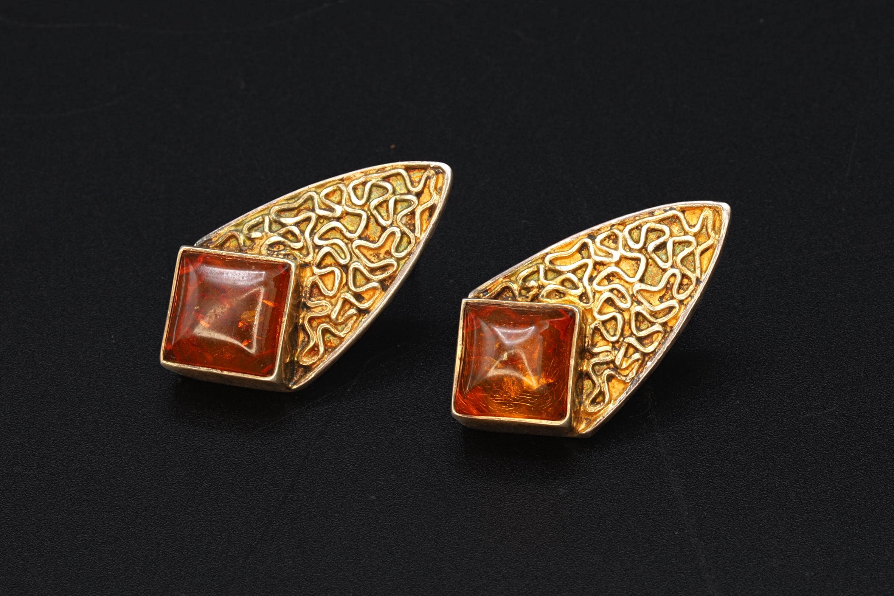 Large Stud Earrings, Gilt 925 Sterling Silver And Amber Resin Cabochon, Brutalist Design With Textured Surface, Retro Fashion Accessories
