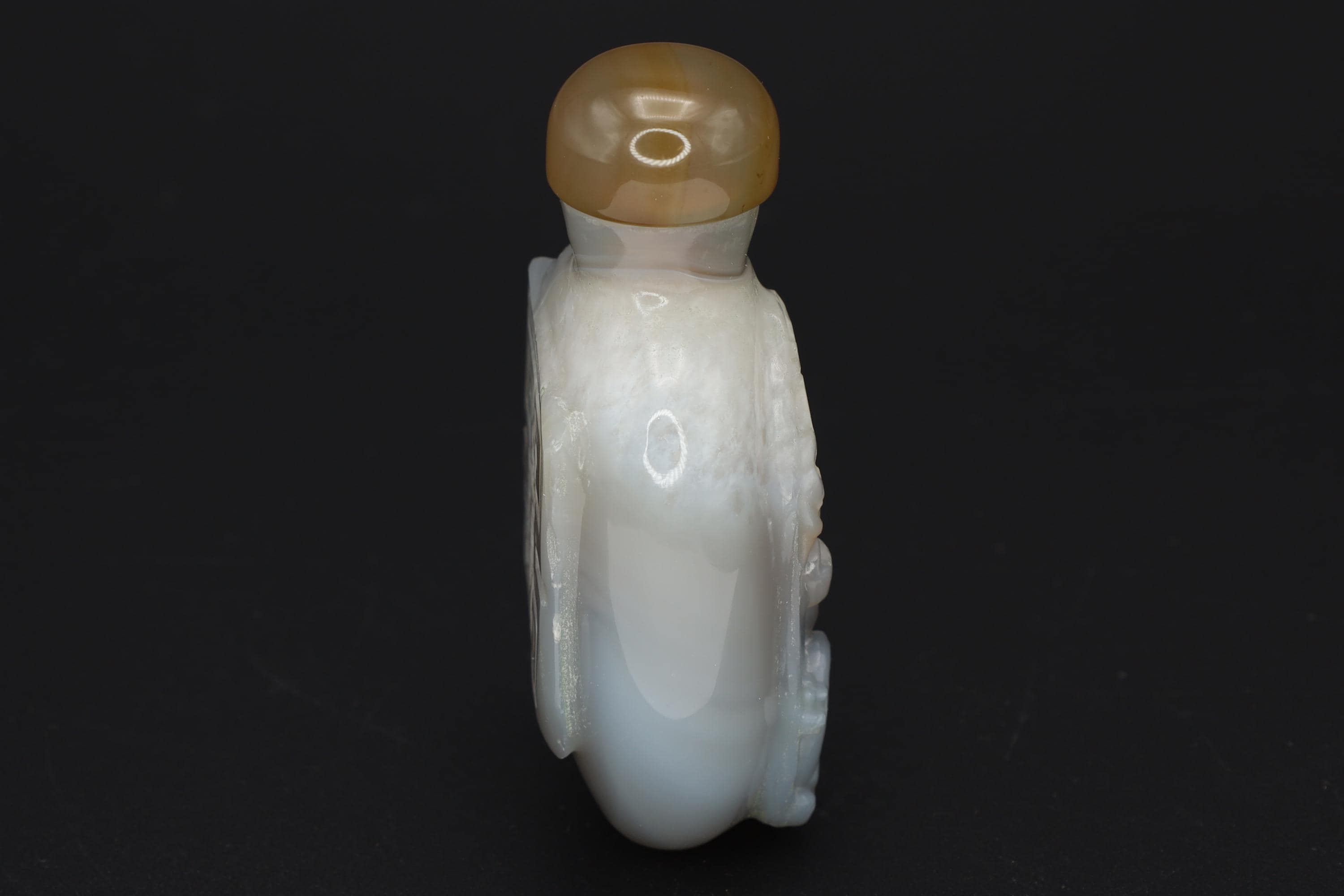 Vintage Early 20th Century Snuff Bottle, Shouxing God On Carved Agate Stone, Perfume Bottle. Asian Oriental Arts Tobacciana Collectibles