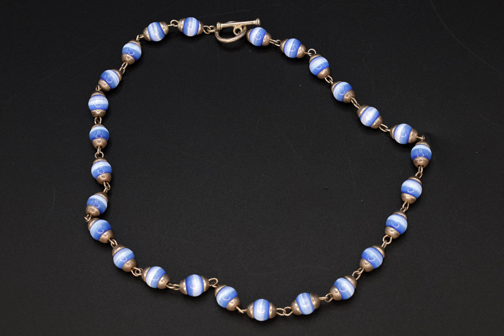 Blue Cats Eye Glass Necklace, 925 Sterling Silver And Round Cap End Capsule Link, Modernist Jewelry Unisex, Round Beaded Chain Collar