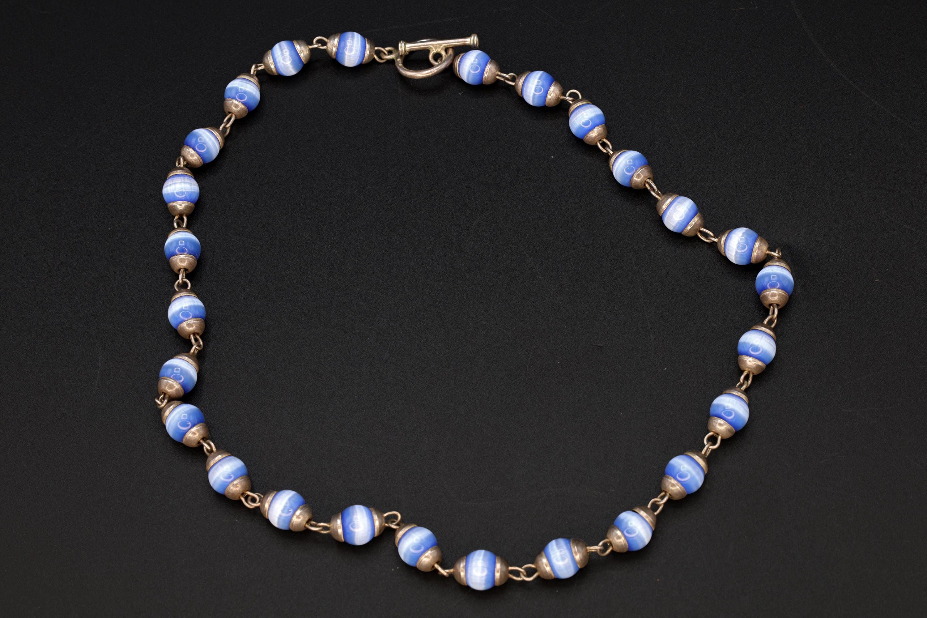 Blue Cats Eye Glass Necklace, 925 Sterling Silver And Round Cap End Capsule Link, Modernist Jewelry Unisex, Round Beaded Chain Collar