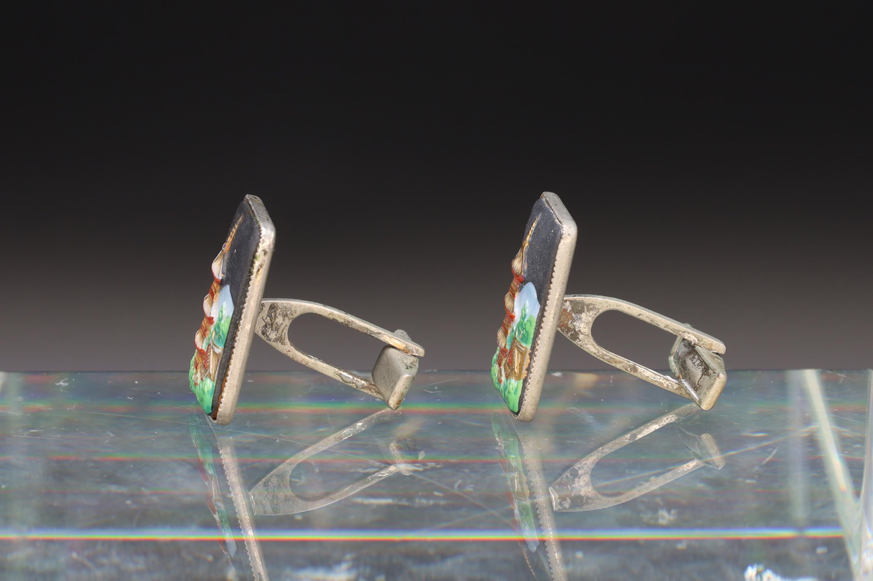 Toshikane Cufflinks, Sterling Silver And Porcelain, Chureito Pagoda, Chastain Tower, Fujiyoshida Cenotaph, Fashion Accessories And Jewlery