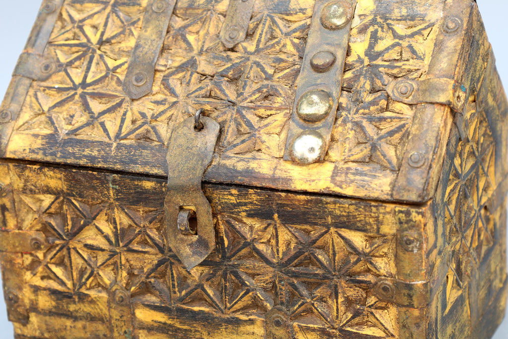 Antique 19th Century Jewelry Chest, Colonial India. Ethnic Rustic Wooden Trunk Box, South Asia Folk Art, Oriental Crafts And Collectibles