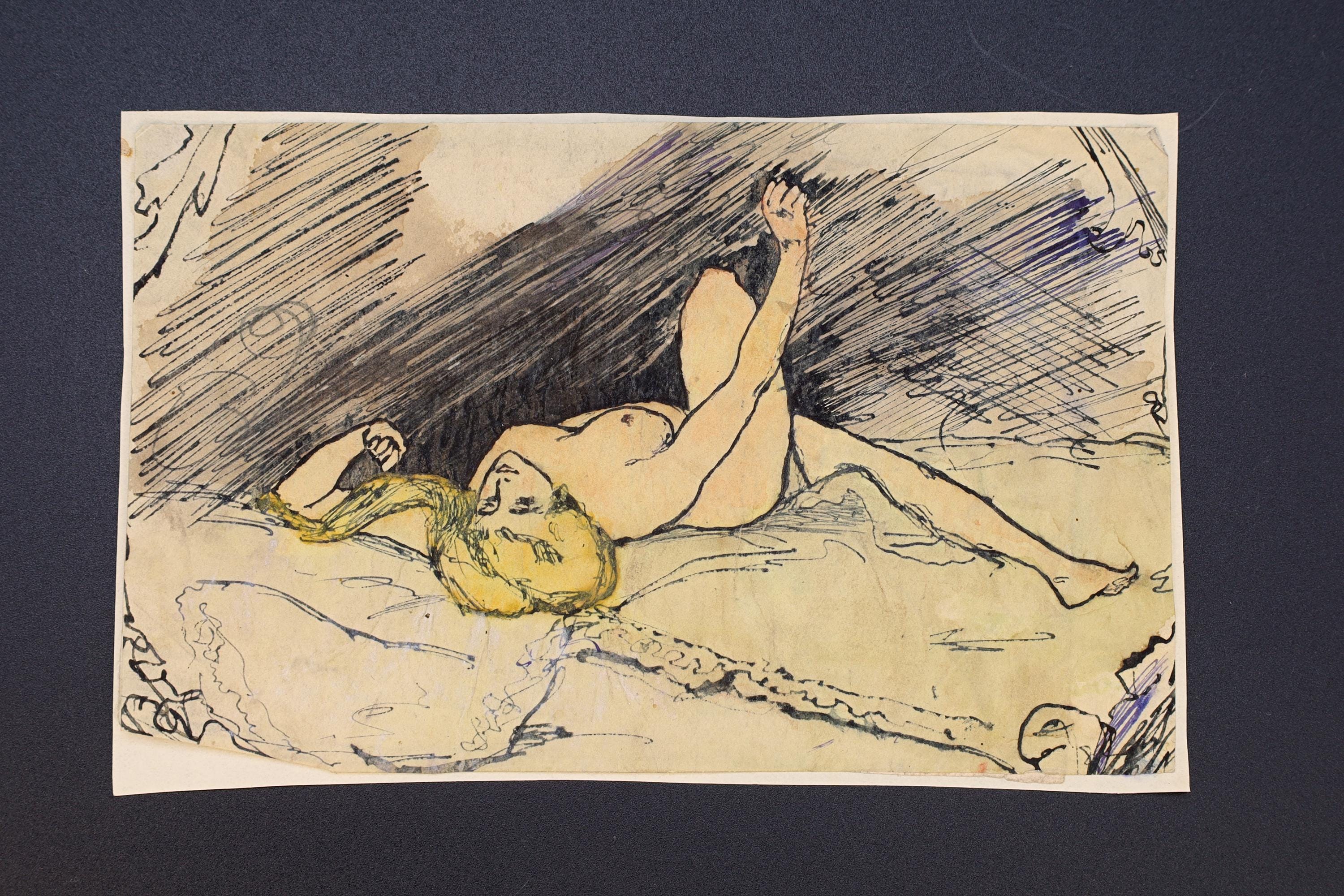Portrait Of A Lover, Antique 1900s Art Nouveau Liberty Style Art By Paulo Antonini, Italian American Artist, Small Painting Drawing On Paper