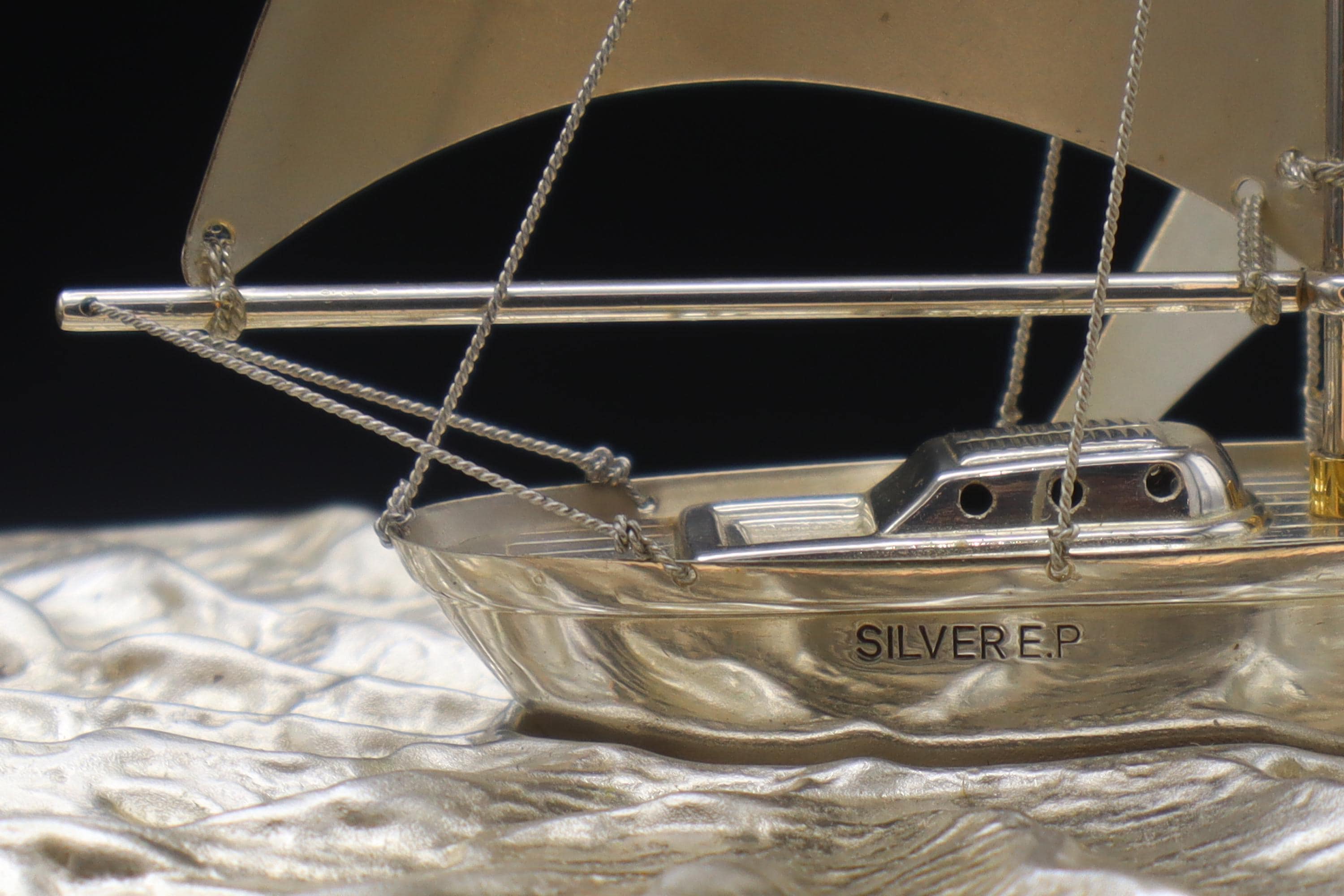 Vintage Handmade And Finely Detailed Silver Electroplated Model Of A Sailing Ship, Sports Boat Sculpture By Japanese Artist Seki Takehiko
