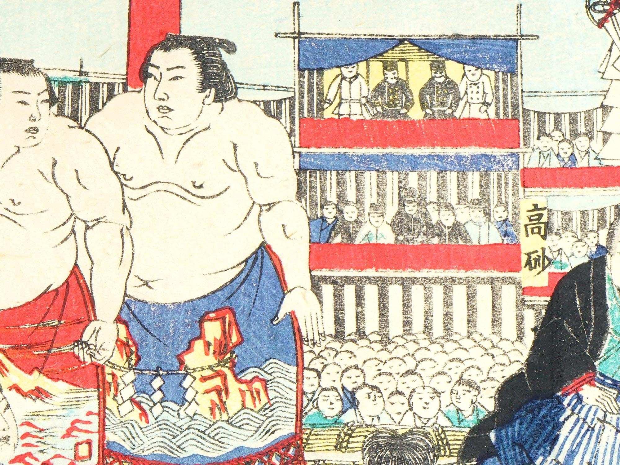 Antique 1870s Triptych Of Ukiyo-e Color Woodblock Print By Harunobu Hishikawa, Sumo Tournament, Triptych Panels Set, Asian Arts